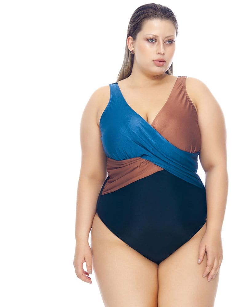 Front of a model wearing a size 20 Swimsuit With Cross-Over Detail At The Bust in Multicolor by Lehona. | dia_product_style_image_id:267793